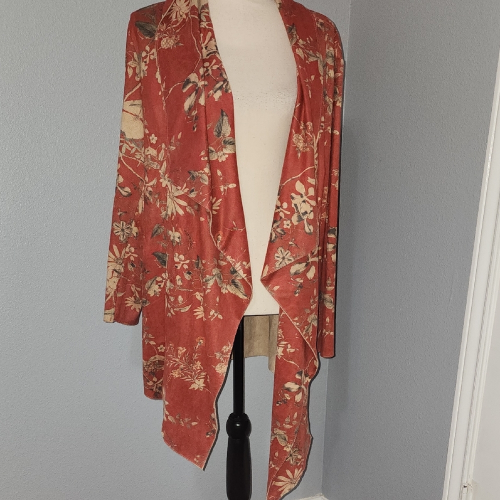 Soft Surroundings Terracotta Floral Faux Suede Cardigan